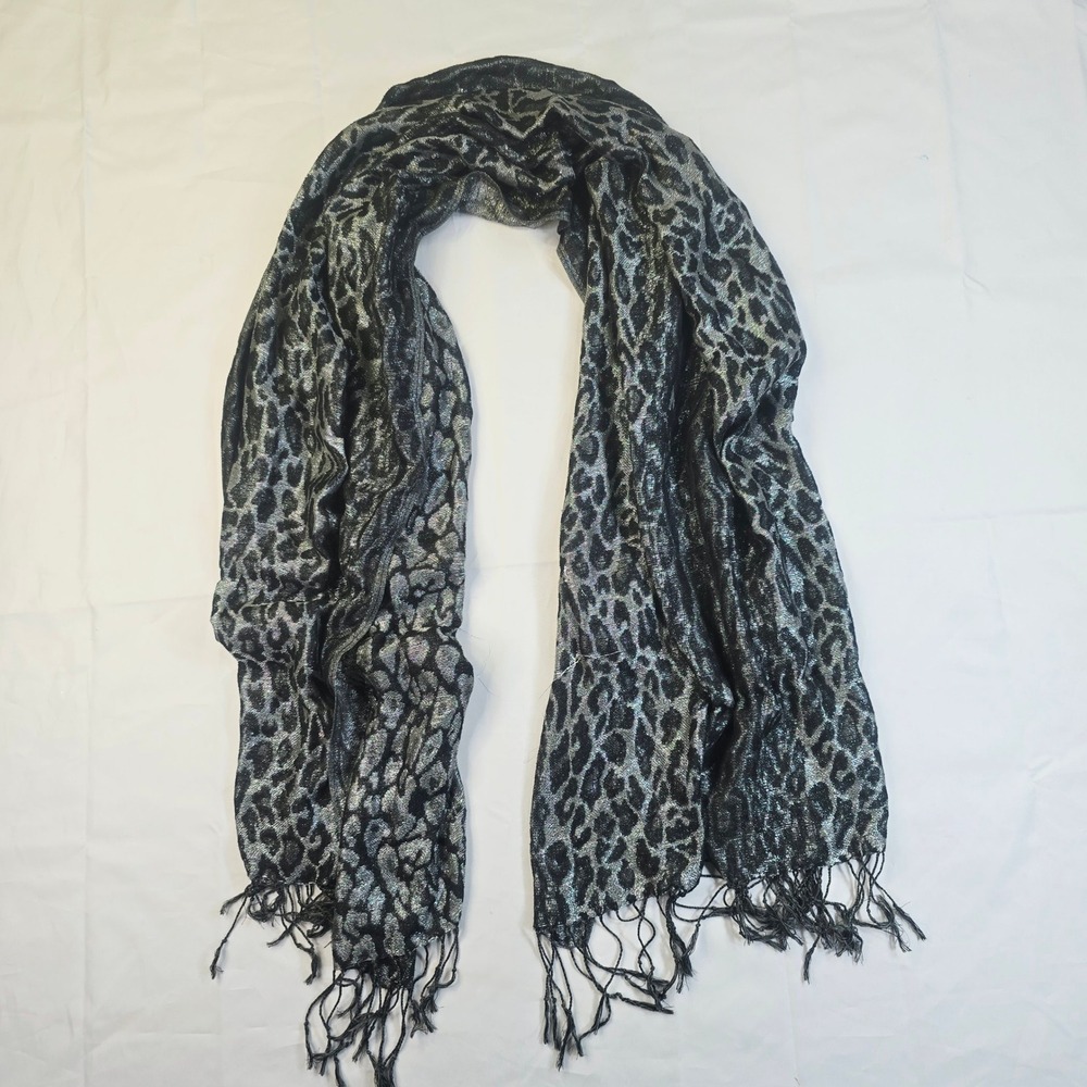 Unbranded Leopard Print Scarf Women OS Black Silver Metallic Fringed Shawl